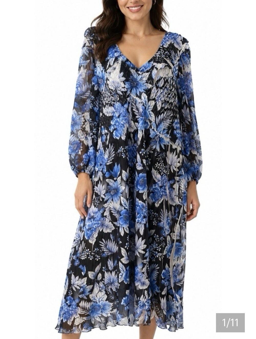 Komarov Blue Crinkle Dress 3/4 Sleeve Midi V-neck Floral Cocktail Medium B26